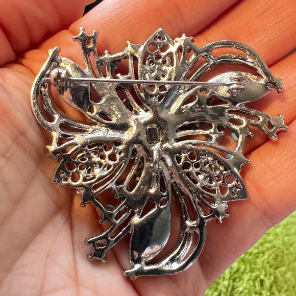 Turquoise Cluster Brooch Pendant Large Floral Gold Tone Statement Pin 2.25 inch - Picture 3 of 7